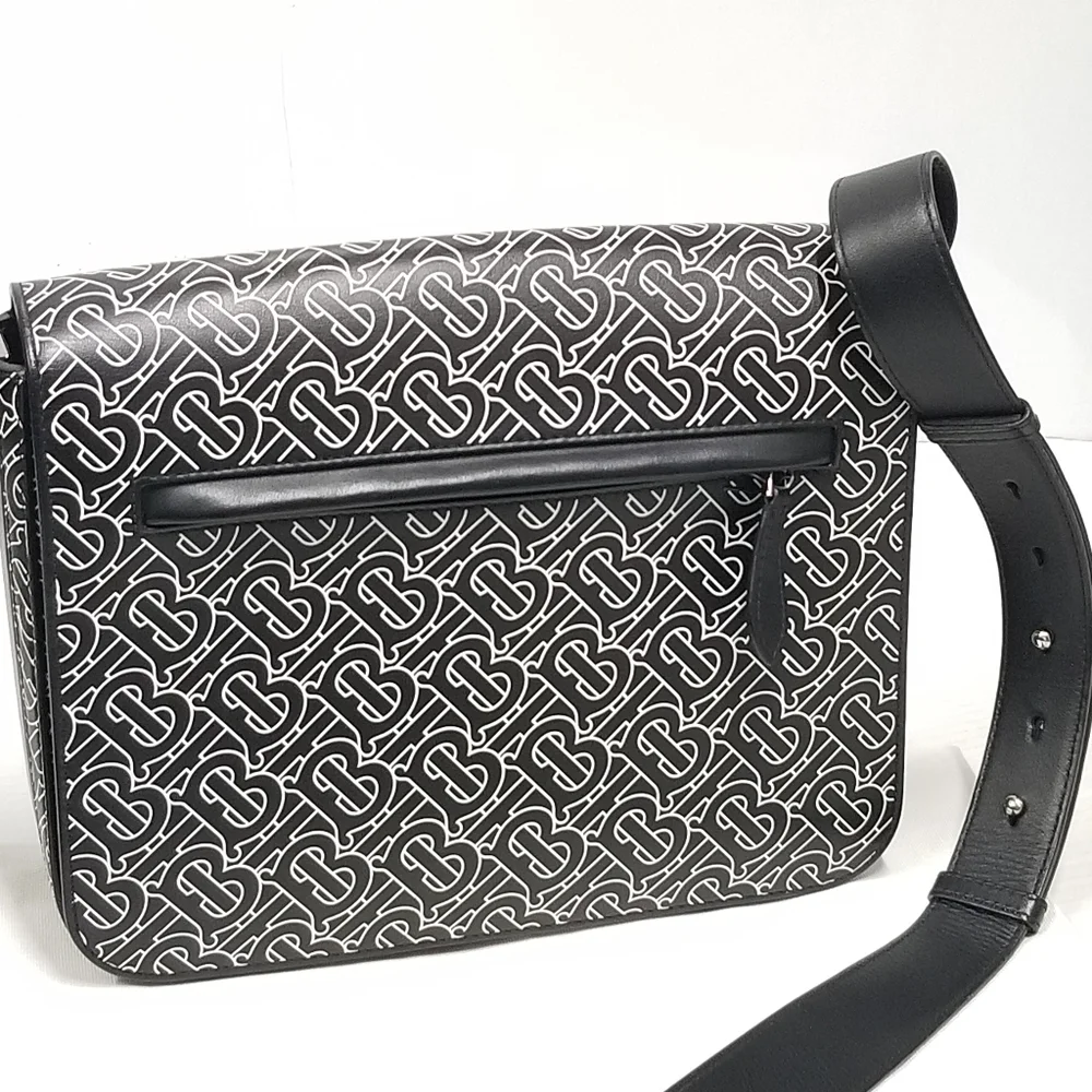 BURBERRY Calfskin Monogram TB Print Black and White Messenger Crossbody Bag